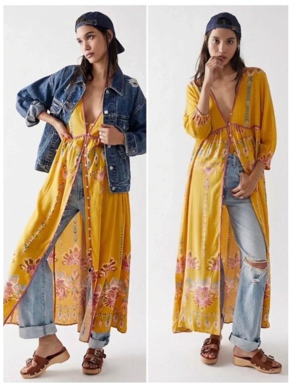 Free People Foley Maxi Dress Small Yellow Floral Button Front Boho Duster